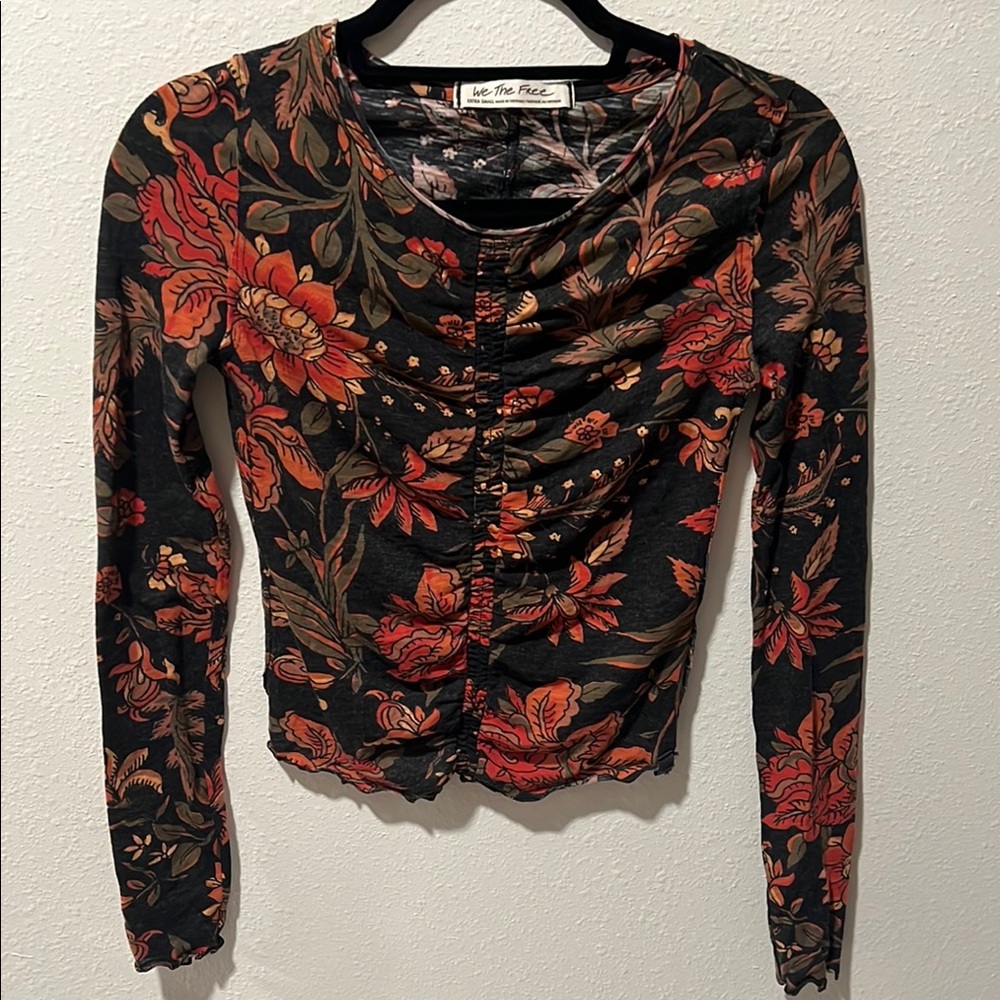Free People Black and Orange Fitted Long Sleeve Blouse size XS